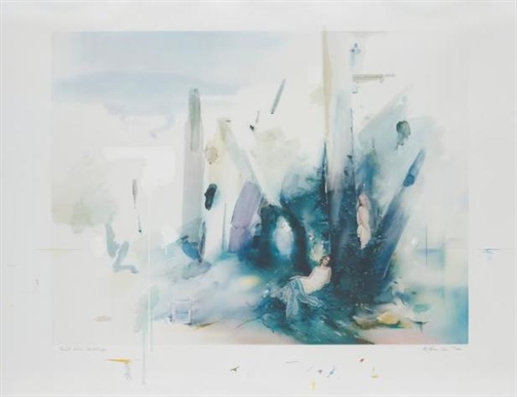 An abstract watercolor study of a coastal village with indistinct figures and architectural forms.