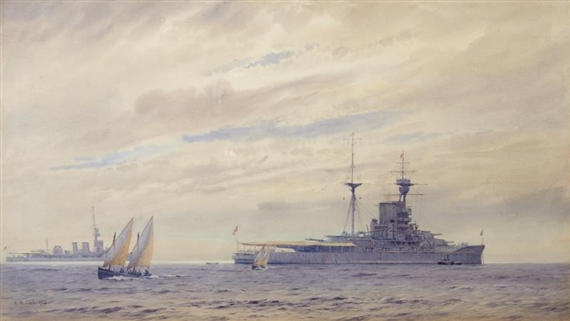 The H.M.S. Revenge with a light cruiser on summer exercises by Alma Claude Burlton Cull, 1928