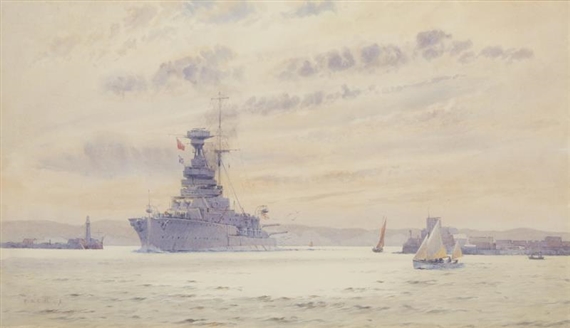The H.M.S. Royal Sovereign entering Portland by Alma Claude Burlton Cull, 1928