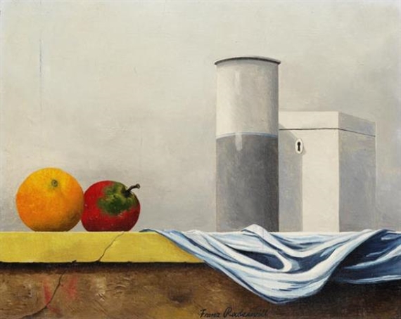 A still life painting featuring a yellow ledge with fruit and geometric forms against a muted background.