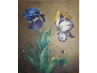 A Study of Tulips and an Iris with a Butterfly - Emma Tomkins