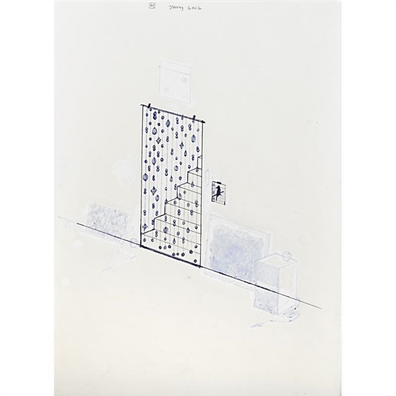 A minimalist architectural sketch featuring a grid-like structure with scattered dots, surrounded by faint geometric shapes.