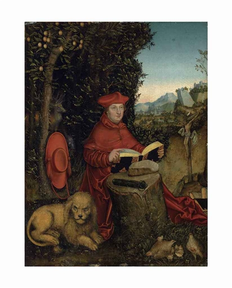 Cardinal Albrecht von Brandenburg as Saint Jerome in a landscape by Lucas Cranach the Younger
