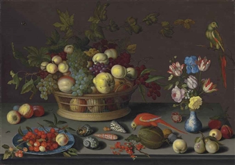 Grapes and other fruit in a basket, cherries and a peach on a Delft plate, tulips, irises and other flowers in a Wan-li vase, shells, and other fruit on a stone table, with parrots - Balthasar van der Ast