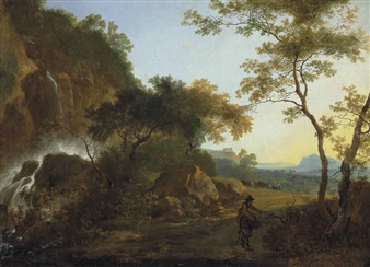 An Italianate landscape with a traveler on a path by a waterfall - Adam Pynacker