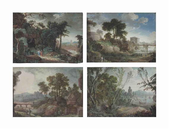 The edge of a forest, with a port in the distance; Landscape with a river traversed by a wooden bridge; A landscape with a tomb; and Classical figures in a forest by Pierre Antoine Patel, 1674