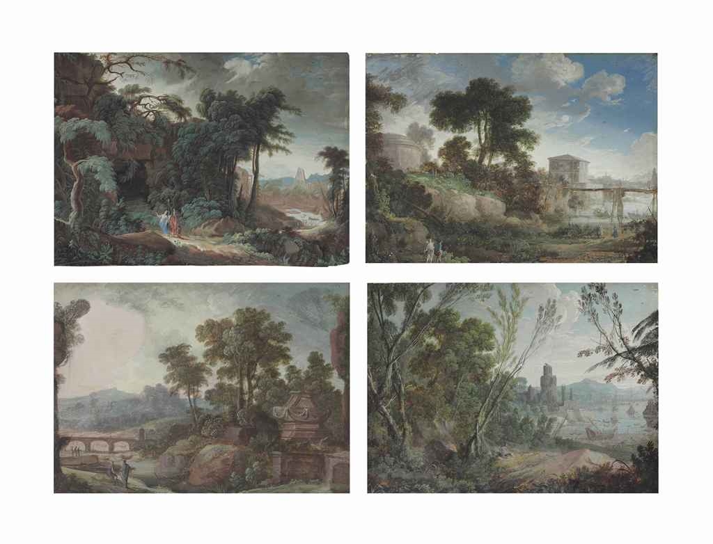 Artwork by Pierre Antoine Patel, The edge of a forest, with a port in the distance; Landscape with a river traversed by a wooden bridge; A landscape with a tomb; and Classical figures in a forest, Made of bodycolor on vellum