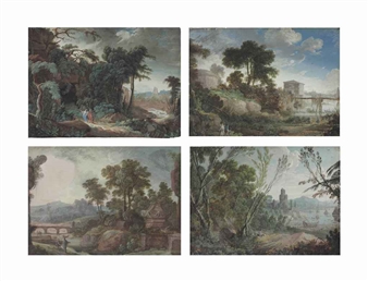 The edge of a forest, with a port in the distance; Landscape with a river traversed by a wooden bridge; A landscape with a tomb; and Classical figures in a forest - Pierre Antoine Patel