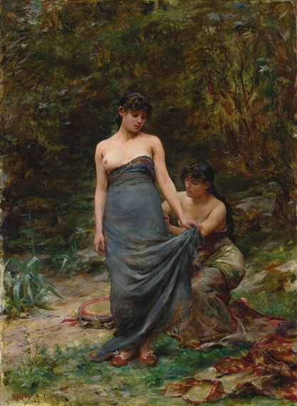 A classical oil painting of two women in a forest clearing, one standing and the other kneeling beside her.