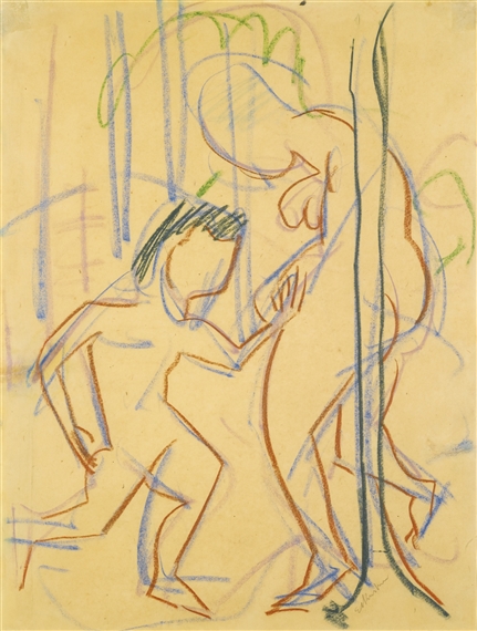 WEIBLICHER AKT MIT KIND IM WALD (FEMALE NUDE WITH CHILD IN THE FOREST) by Ernst Ludwig Kirchner, circa 1924