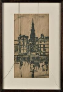 Artwork by Peter Mayne, 2 Works: Newcastle Upon Tyne Quayside; The Three Tons, Hawley Street, Sheffield, Made of Black chalk on buff tinted paper and brown ink and watercolour wash