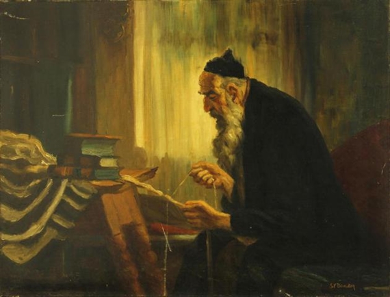 A rabbi braiding the fringe of a tallit by Stanislaus Bender