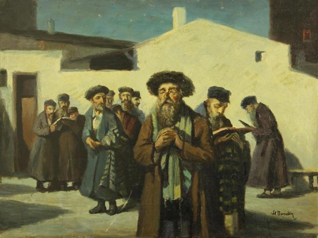 Artwork by Stanislaus Bender, Men gathered in study in a moonlit courtyard, Made of oil on canvas