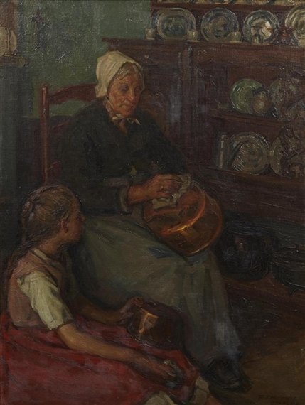 A woman and child cleaning copper pots. by Frank Townsend Hutchens