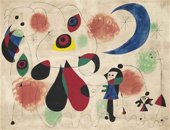 Painting (Women, Moon, Birds) - Joan Miró