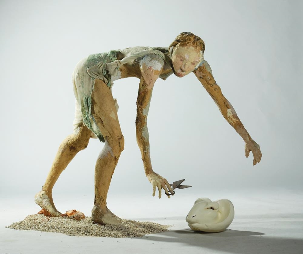 Artwork by Sigalit Landau, Woman Shearing Wool, Made of Metal Armature, Papier Mache, and other mixed media