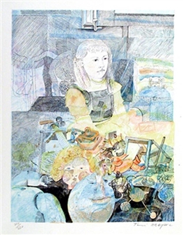 A surreal still life featuring a seated figure surrounded by floating objects and vibrant colors.
