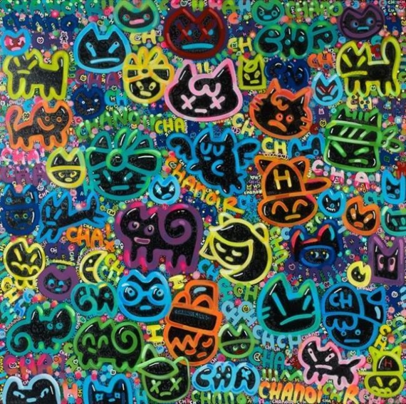 A chaotic, colorful collage of cartoon cats and the word 'CHA' in a vibrant, pop-art style.