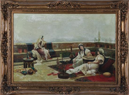 FRAMED PAINTING OF PERSIAN ROOFTOP GATHERING by Persian School