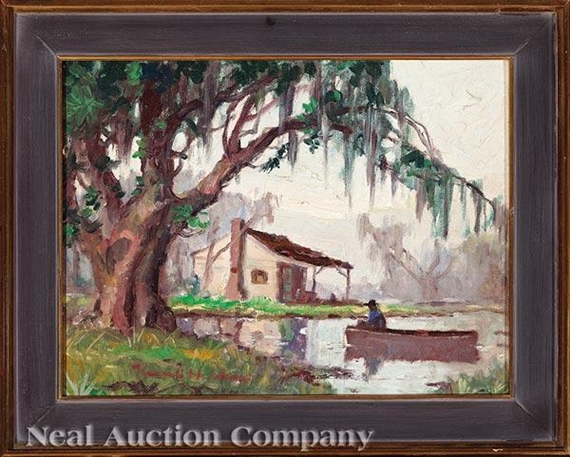 Cabin and Fisherman in a Pirogue, Louisiana Bayou by Knute Heldner