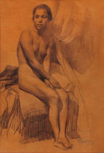 Artwork by Fernando Amorsolo, Female Nude 1, Made of charcoal with pastel on paper