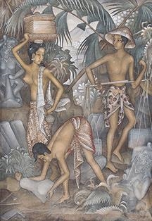 Artwork by I Wayan Lantur, Daily Life in Bali, Made of oil on canvas