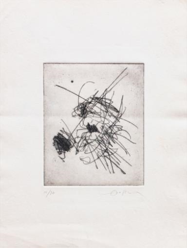 A monochromatic abstract composition featuring chaotic, intersecting black lines on a textured off-white background.