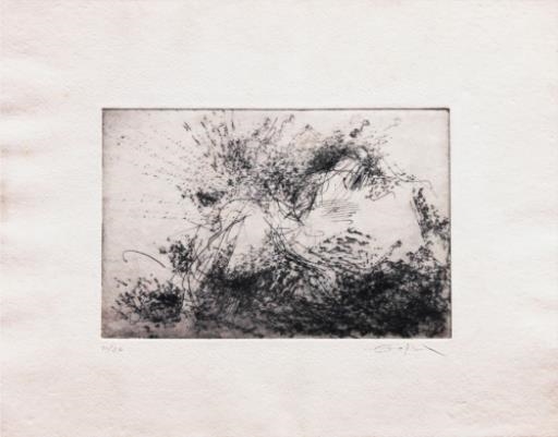 A monochromatic etching of a figure emerging from dense foliage.