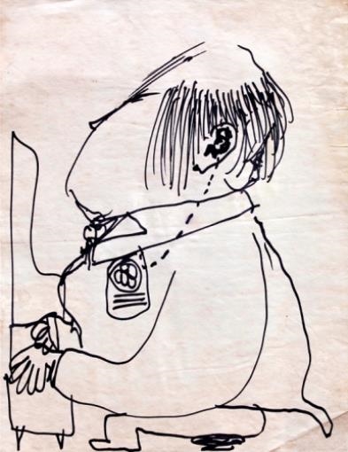 A sketch of a person in uniform holding a clipboard.