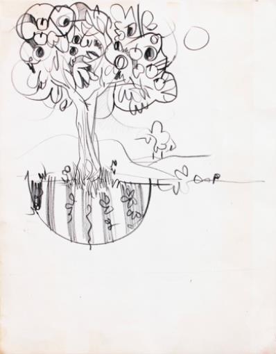A whimsical black-and-white sketch of a tree with expressive, face-like leaves growing from a grassy mound.