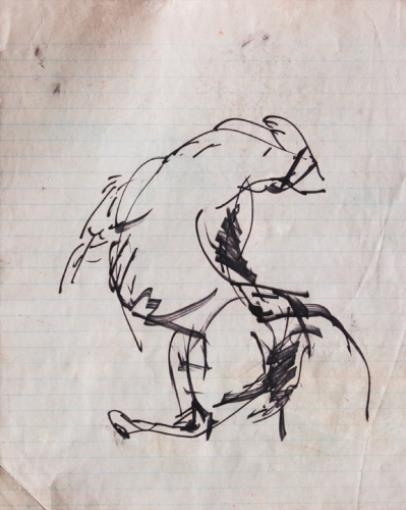 A dynamic ink sketch of a crouching animal figure on lined paper.