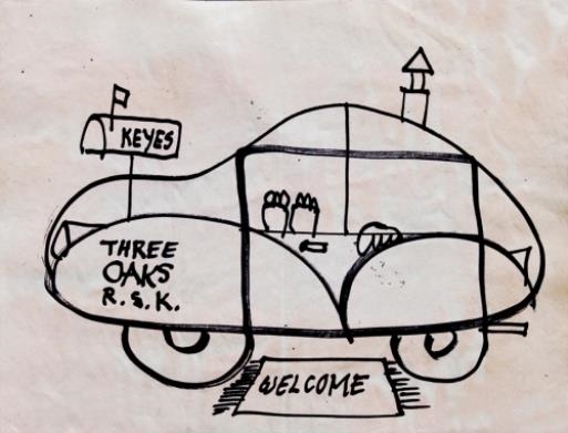A whimsical line drawing of a car with a tent-like roof and playful details.
