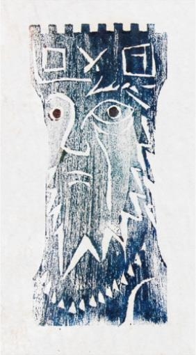 A blue-toned woodcut print of a stylized face with jagged features and geometric patterns.