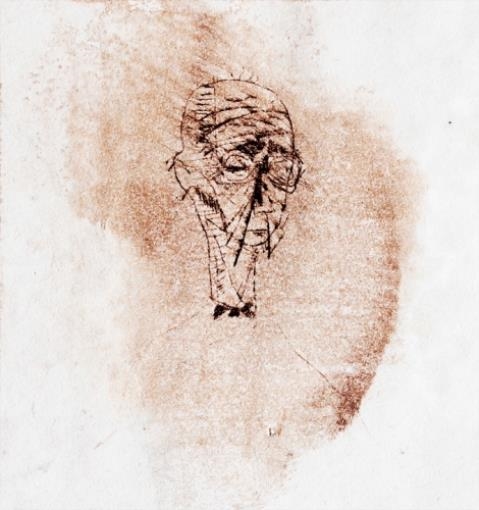 A monochromatic etching of a stylized face with an elongated, geometric nose.