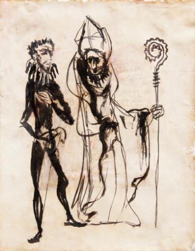 A sketch of two figures, one in a robe holding a staff with a spiral top, and another in dark clothing.