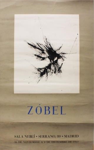 A minimalist poster featuring an abstract ink splatter above bold blue text on a textured beige background.