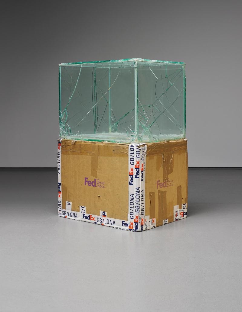 Artwork by Walead Beshty, FedEx Box, International Priority, Los Angeles-Beijing (Tracking No. 875468976040), Beijing-Paris (Tracking No. 874269809620), Made of laminated glass, silicone, metal, FedEx shipping box, packing tape, accrued FedEx tracking labels