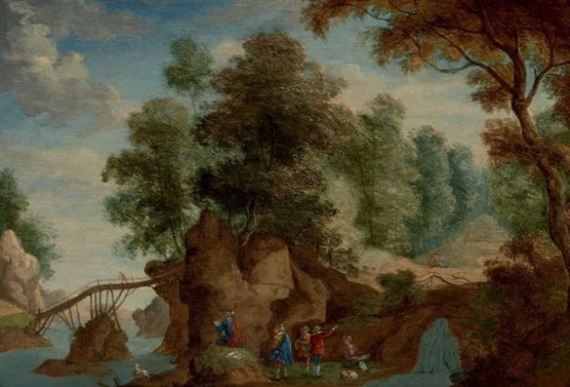 Paysage au pont et à la cascade animé de personnages