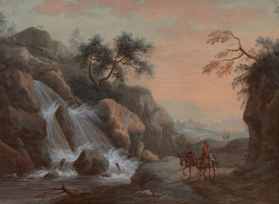 Muletier au pied d'une cascade by German School, 18th Century, 18th Century