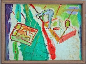 Artwork by Martin Fuller, Kneeling Man; The Bed; Untitled - Figure and Glass; House and People; A Room Without Glasses, Made of oil on canvas; oil on bo