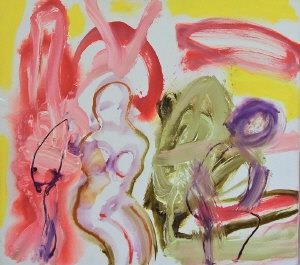 4 works; Abstract figure with pink and yellow; Three figures with onlookers ;Multiple figures;  three figures on green and orange