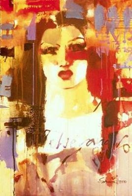 A vibrant portrait of a figure with bold red lips and dramatic makeup, rendered in an expressive, abstract style.