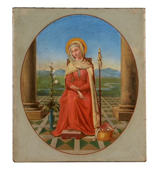 St. Fina seated in a portico, with a distant landscape beyond by Nazarene School, 19th Century, 19th Century