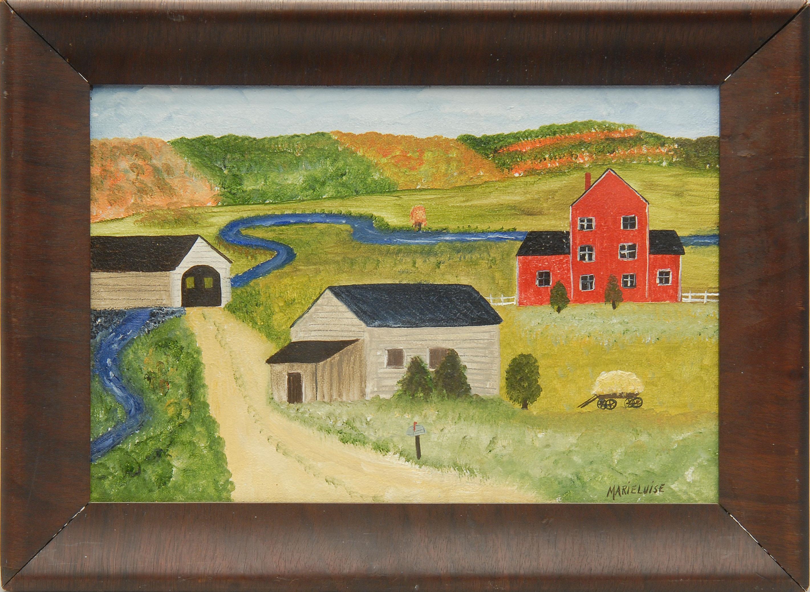 Artwork by Marieluise Hutchinson, House, barn and covered bridge in a country landscape, Made of Oil on masonite