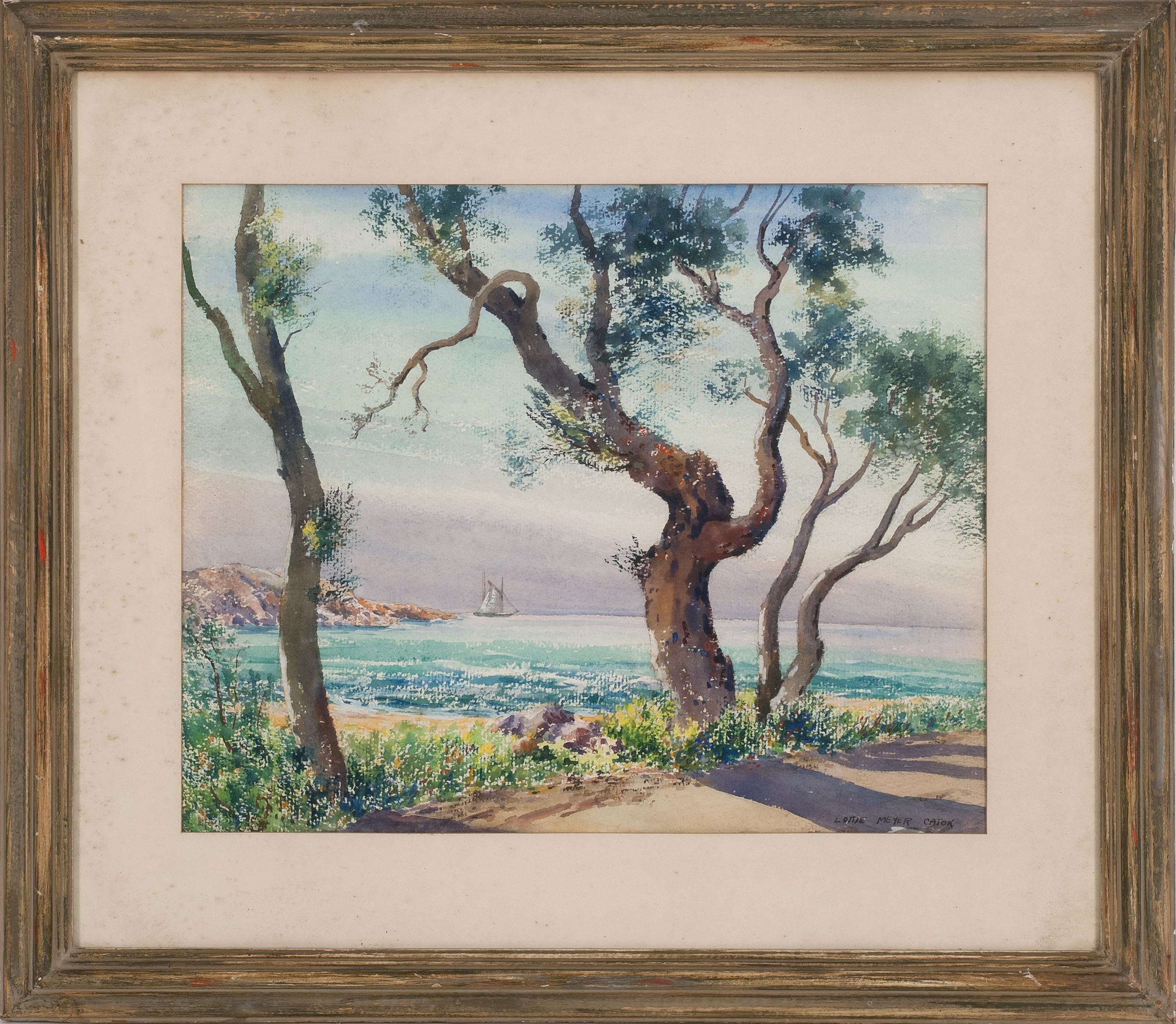 Artwork by Lottie Meyer Catok, Roadside coastal scene with sailboat, Made of Watercolor on paper