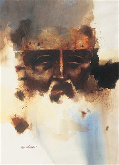 A watercolor portrait of a bearded figure wearing a crown, rendered in earthy browns and soft whites.
