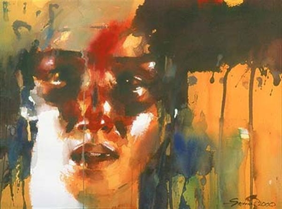 "A dramatic portrait of a person with bold, abstract brushstrokes and intense color contrasts."
