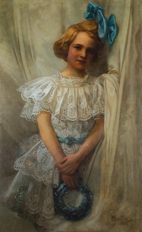 Artwork by Alphonse Mucha, Girl with a blue bow and wreath, Made of oil, canvas, rentoled