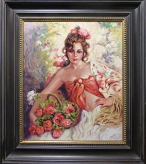 Portrait of a Spanish Girl Holding a Basket of Roses - Jose L. Giner