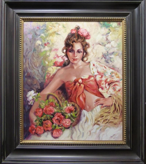 Portrait of a Spanish Girl Holding a Basket of Roses by Jose L. Giner